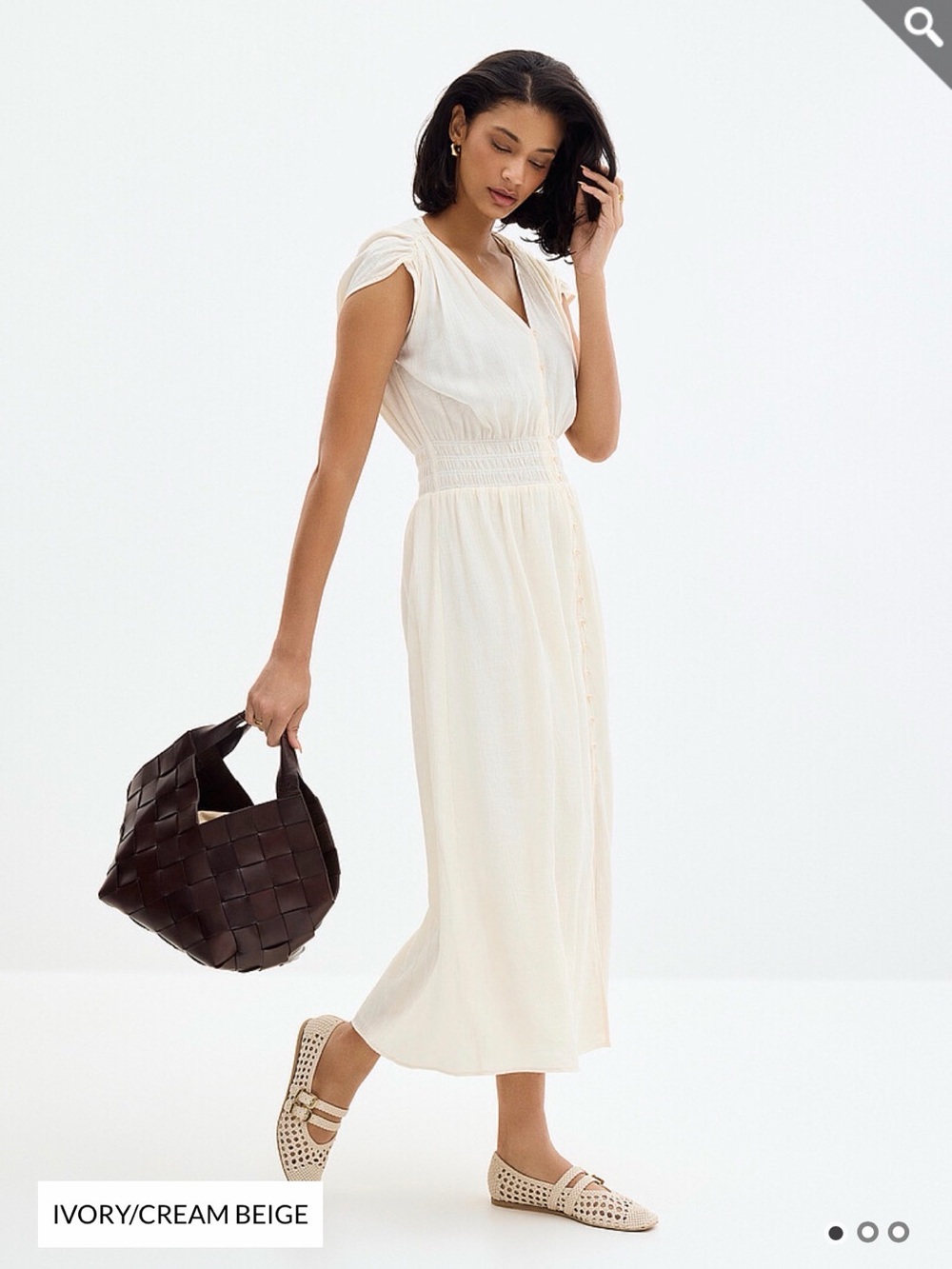 Ivory Midi Dress with Smocked Waist – Elegant Women’s Summer Dress